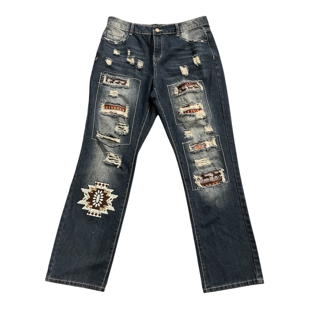 Distressed Unique Patchwork Bootcut Western Jeans… - image 2
